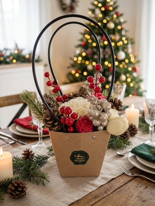 Bouquet de Noël dans un sac kraft sur une table dressée