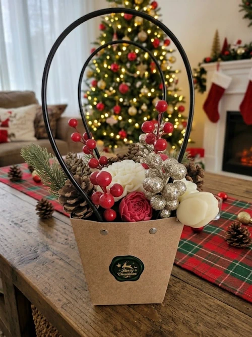 Bouquet de Noël devant le sapin et la cheminée